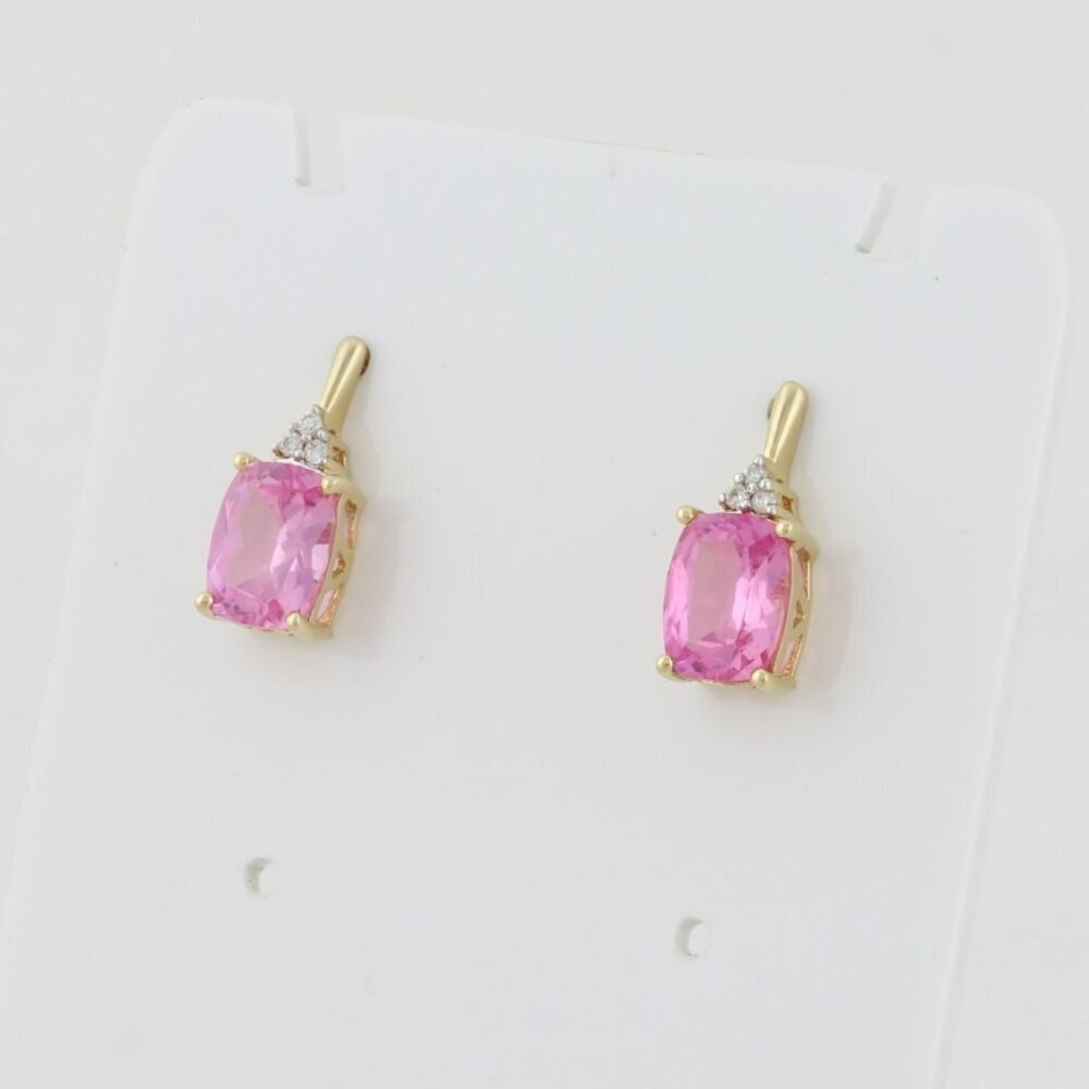 14k Yellow Gold Lab Created Pink Sapphire & Diamond Earrings Studs 5/8" x 1/4"